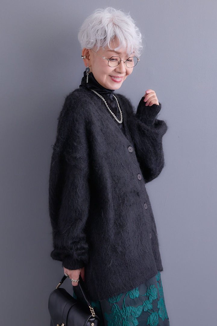 【SET】クラッシュベロアハイネックシアートップス+シャギーVネックニットカーディガン+ジャガードフラワースカート(3set)