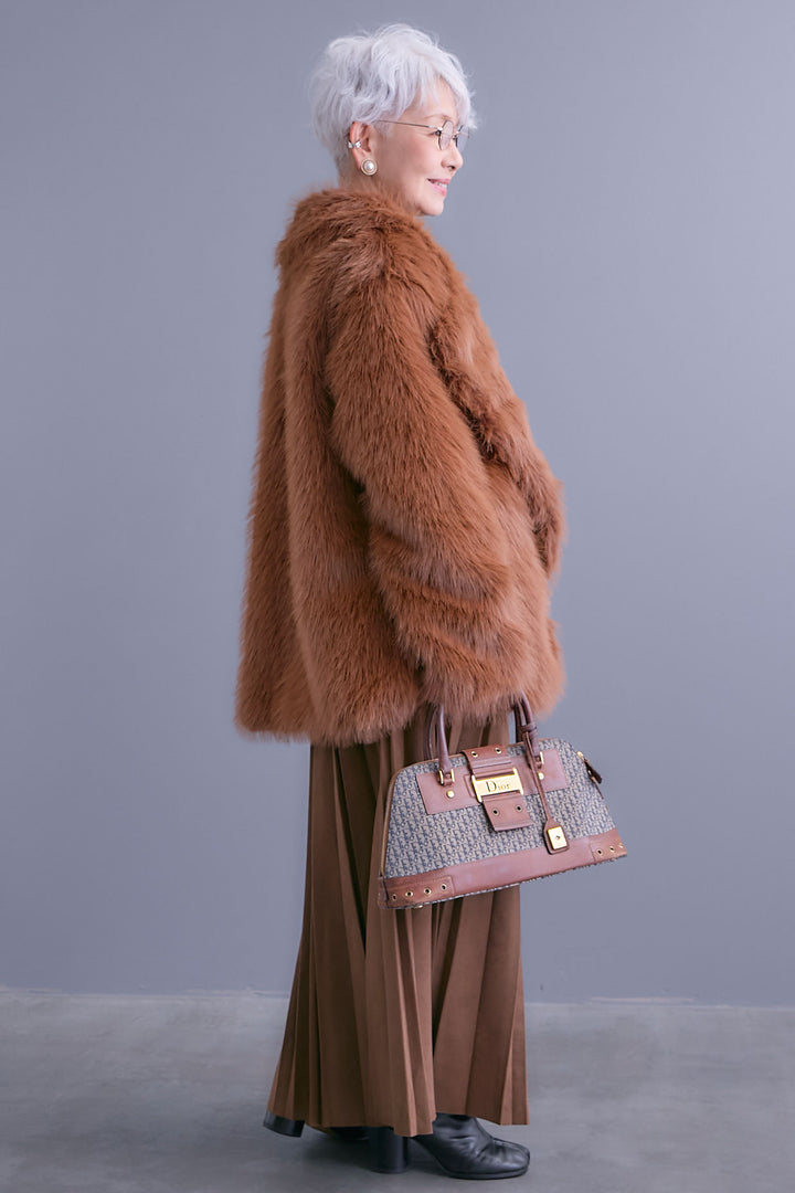 【SET】テーラードカラーファーコート+スエードロングプリーツスカート(2set)