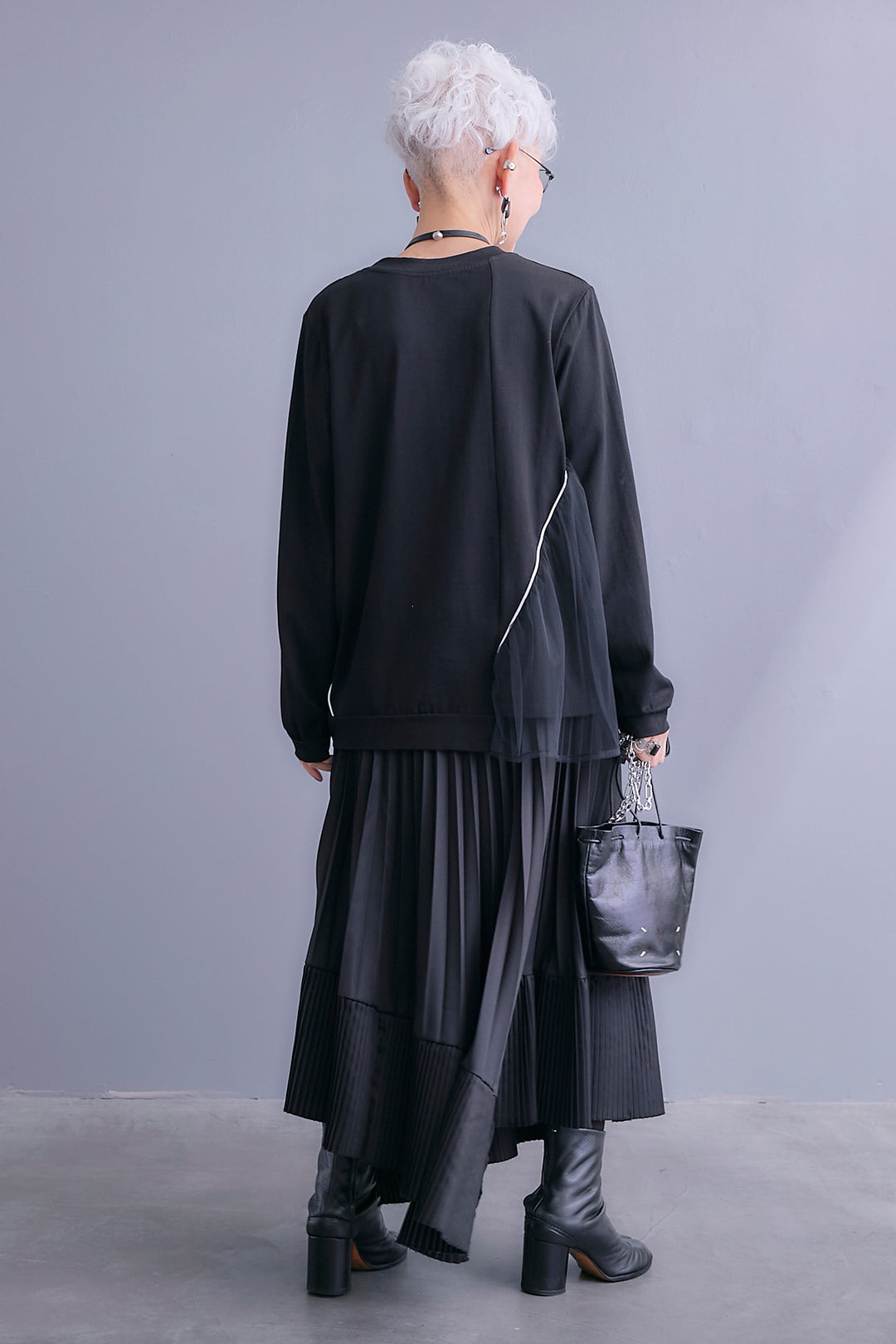 【SET】チュールギャザーアシメポケットプルオーバー+アシンメトリープリーツスカート(2set)