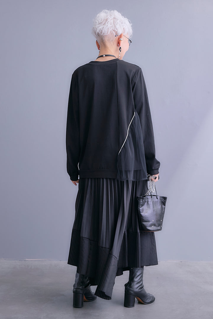 【SET】チュールギャザーアシメポケットプルオーバー+アシンメトリープリーツスカート(2set)