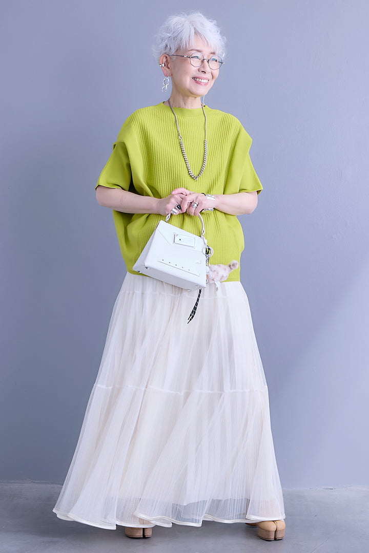 【SET】アップスリーブニットプルオーバー+2WAYラメサテンプリーツ×シアーティアードチュールスカート(2set)