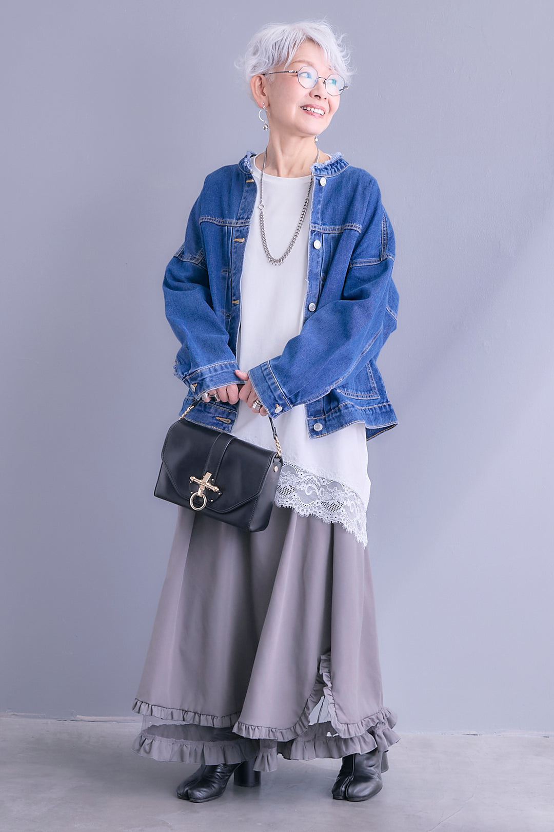 【SET】ノーカラーオーバーサイズデニムジャケット+ヘムレースアシメロンT+ヘムチュールレイヤードフリルスカート(3set)