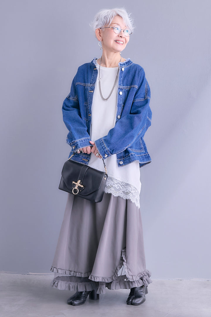 【SET】ノーカラーオーバーサイズデニムジャケット+ヘムレースアシメロンT+ヘムチュールレイヤードフリルスカート(3set)