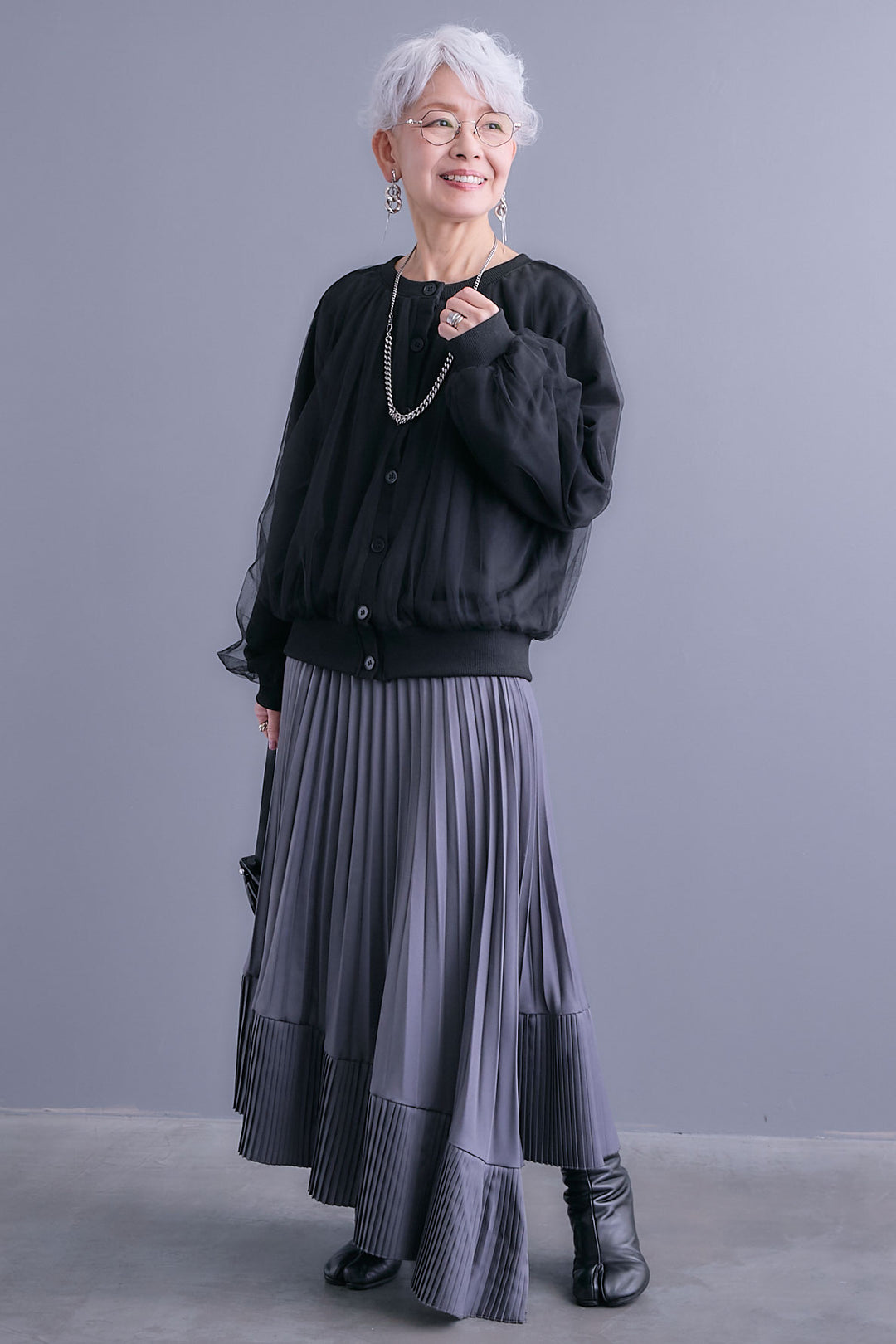 【SET】ノーカラーチュールレイヤードカーディガン+アシンメトリープリーツスカート(2set)