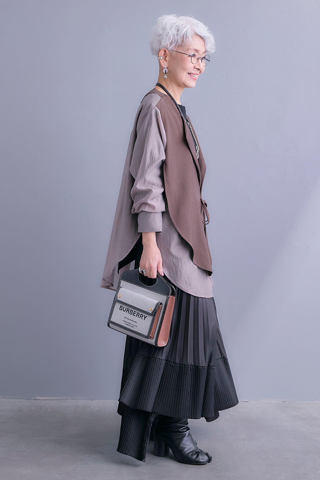 【SET】シアーシャツドッキングジャケット+アシンメトリーロンT+アシンメトリープリーツスカート(3set)