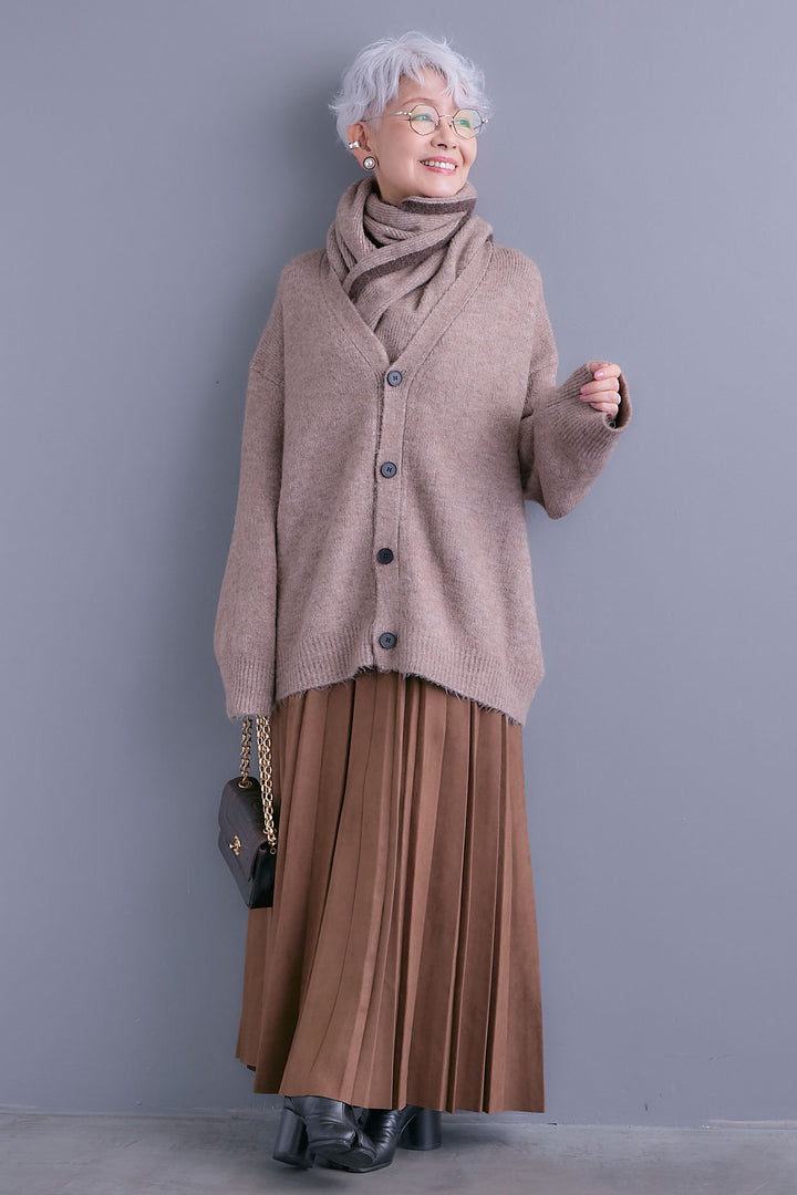 【SET】Vネックニットカーディガン&ストールSET+スエードロングプリーツスカート(2set)