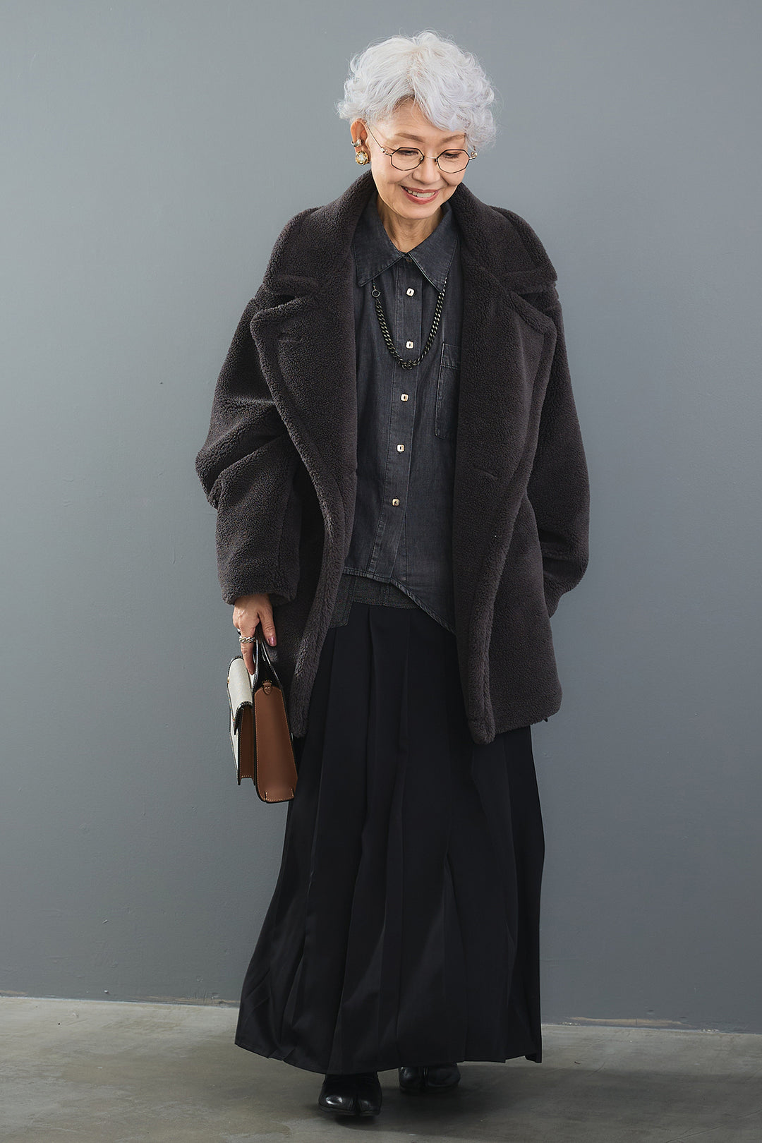 【SET】ヴィンテージアシンメトリーデニムシャツ+テディボアミディコート+デニムドッキングプリーツスカート(3set)