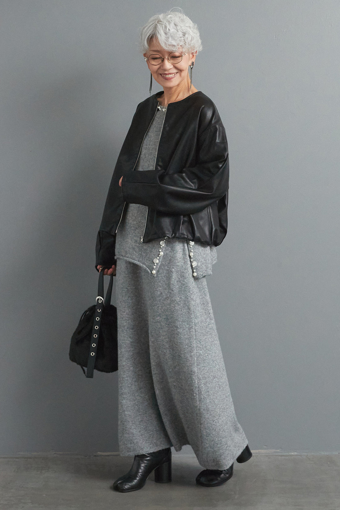 【SET】ビジューニットセットアップ+ラウンドシルエットエコレザーノーカラージャケット(2set)