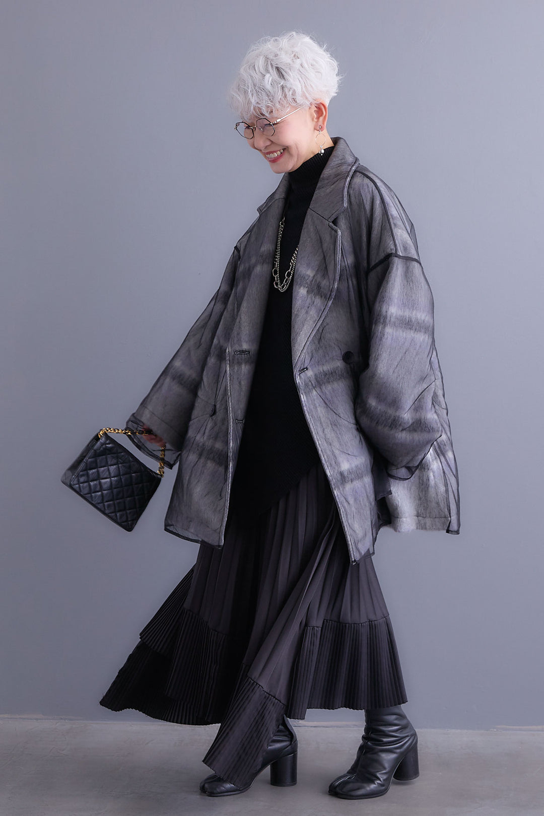 【SET】アシンメトリーオーバーニット+チュールレイヤードシャギーチェックコート+アシンメトリープリーツスカート(3set)