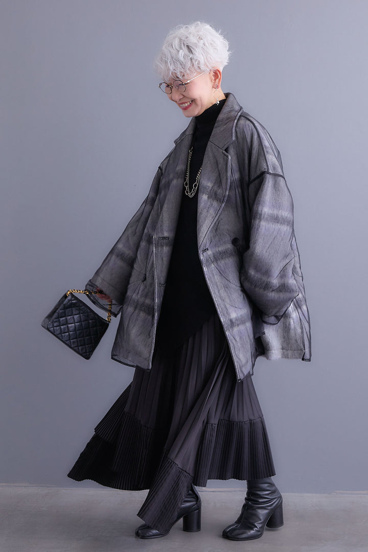 【SET】アシンメトリーオーバーニット+チュールレイヤードシャギーチェックコート+アシンメトリープリーツスカート(3set)