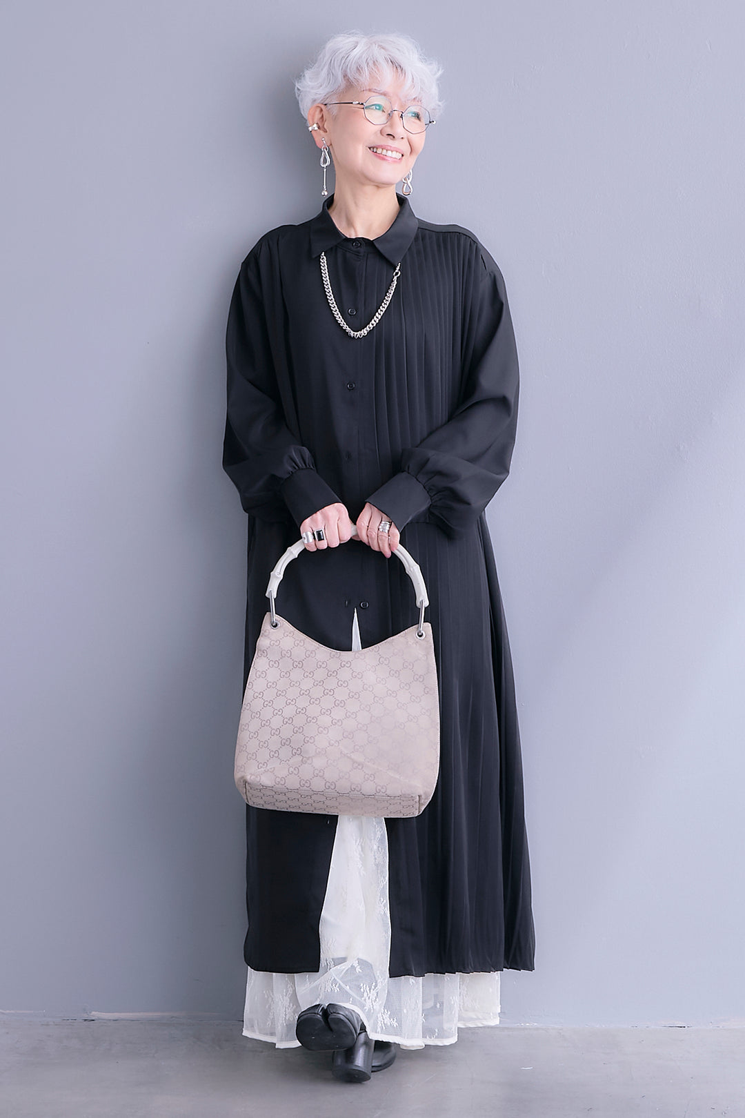 【SET】アシンメトリープリーツシャツワンピース+レースティアードスカート(2set)