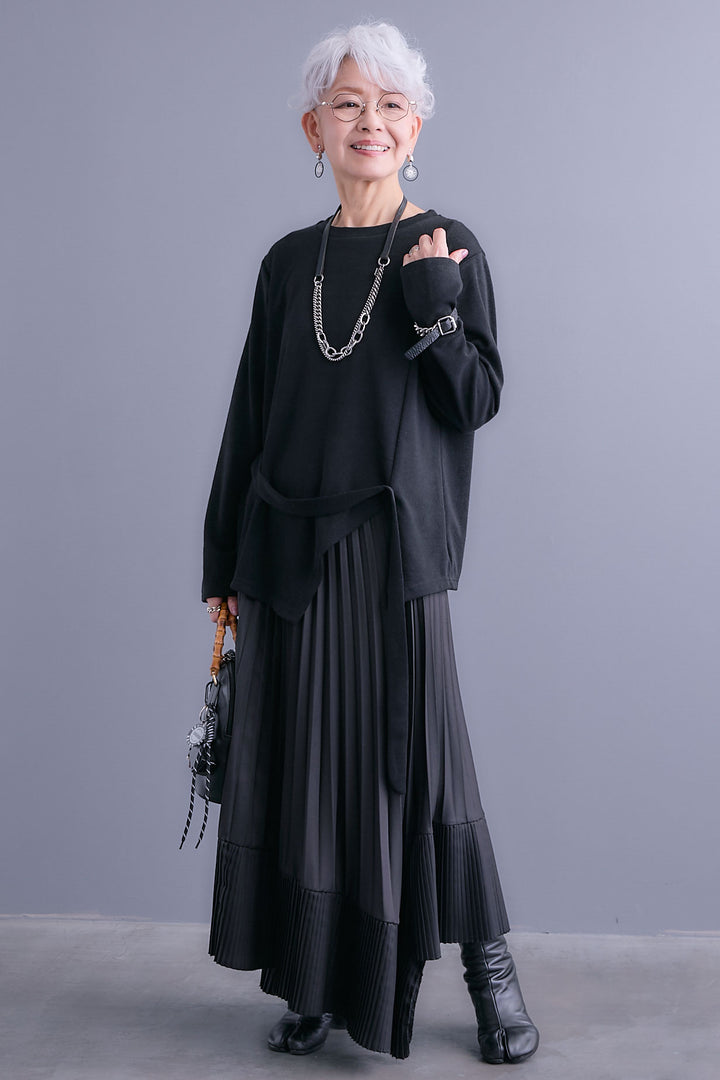 【SET】ウエストベルトアシンメトリーニットトップス+アシンメトリープリーツスカート(2set)