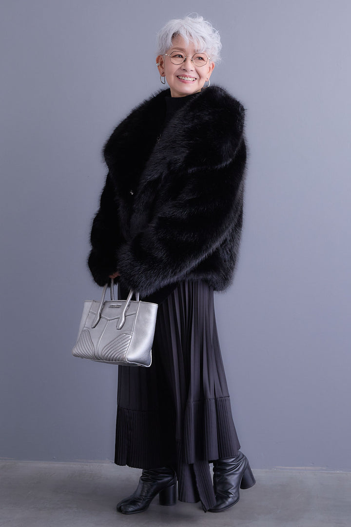 【SET】アシンメトリーオーバーニット+オーバーカラーファーコート+アシンメトリープリーツスカート(3set)