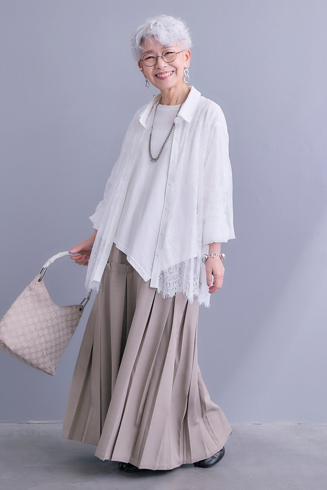 【SET】アイラッシュレースボリュームスリーブシャツ+アシンメトリーロンT+ボックスプリーツロングスカート(3set)