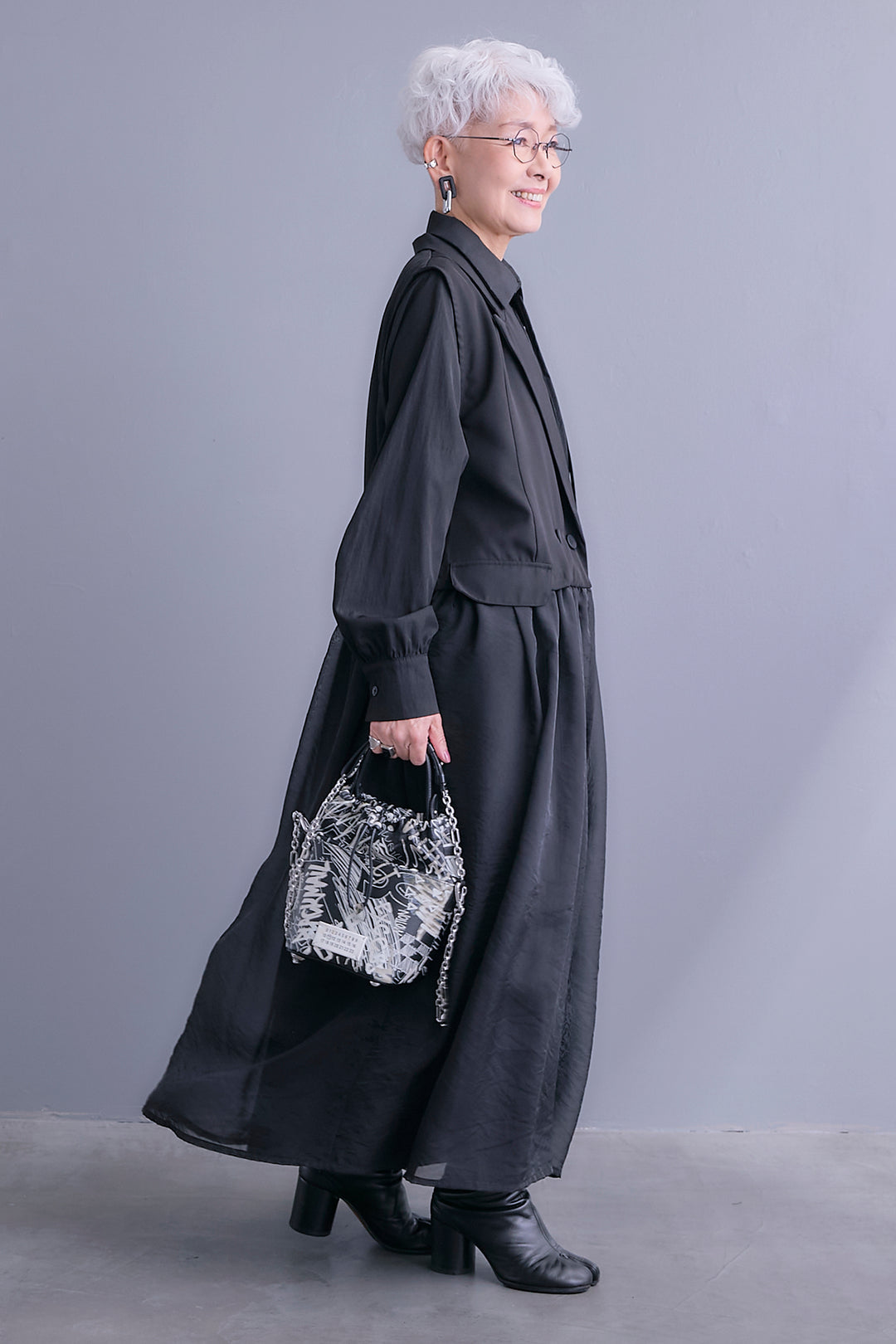 【SET】シアーオーガンジージャケットベスト+コードキーネックシャーリングデザインワンピース(2set)