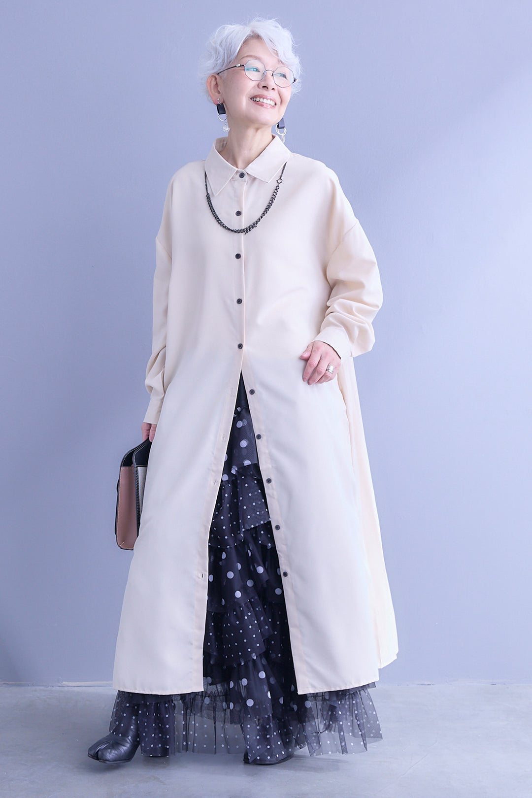 【SET】バックワイドプリーツシャツワンピース+ドットレイヤードチュールスカート(2set)