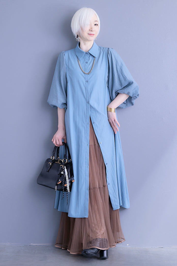 【SET】バルーンスリーブシャツワンピース+2WAYラメサテンプリーツ×シアーティアードチュールスカート(2set)