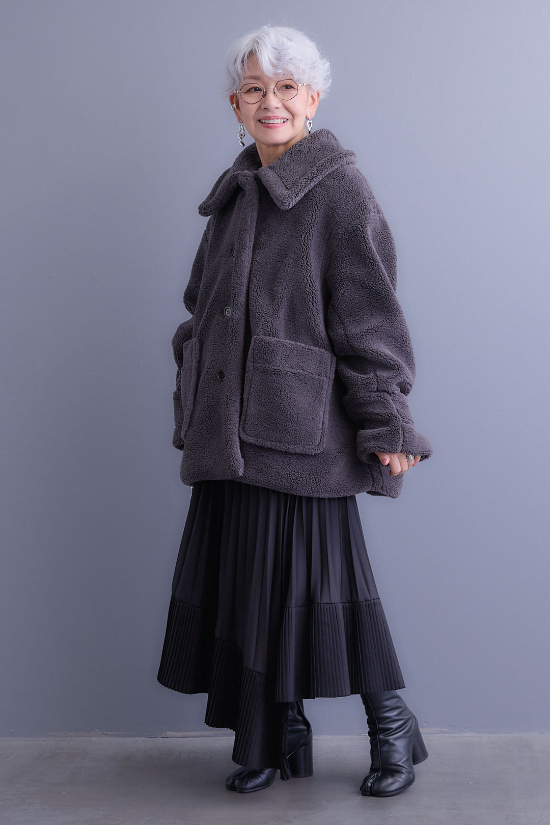 【SET】テディボアフラットカラーコート+アシンメトリープリーツスカート(2set)