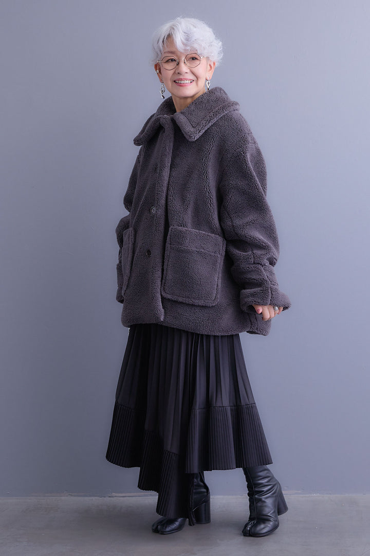 【SET】テディボアフラットカラーコート+アシンメトリープリーツスカート(2set)