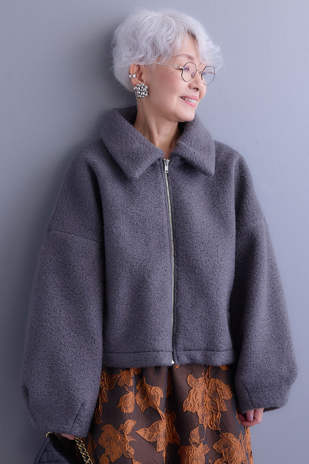 【SET】シープボアボリュームスリーブジャケット+ジャガードフラワースカート(2set)