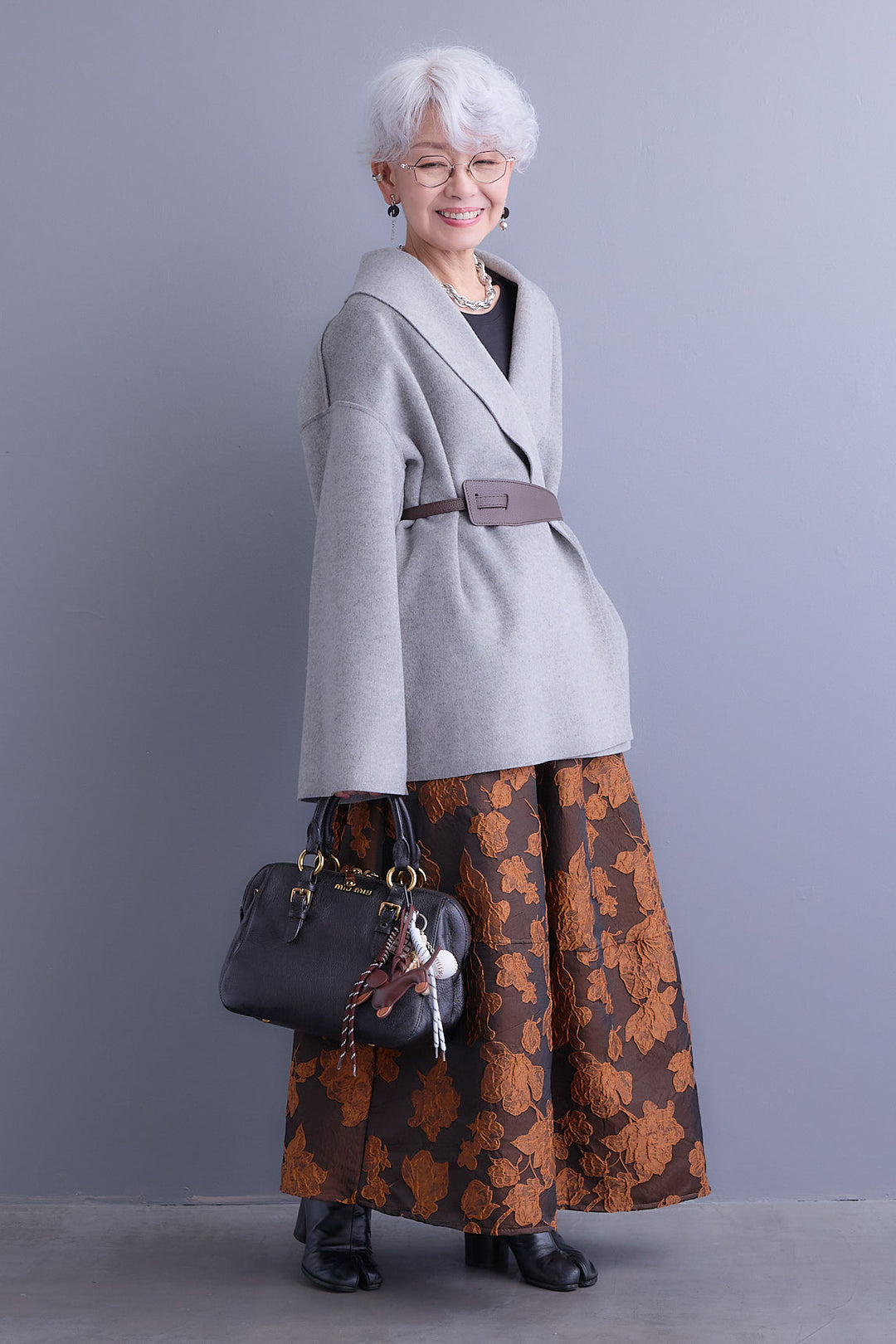 【SET】メルトンソフトショールカラーコート【ベルト付き】+ジャガードフラワースカート(2set)