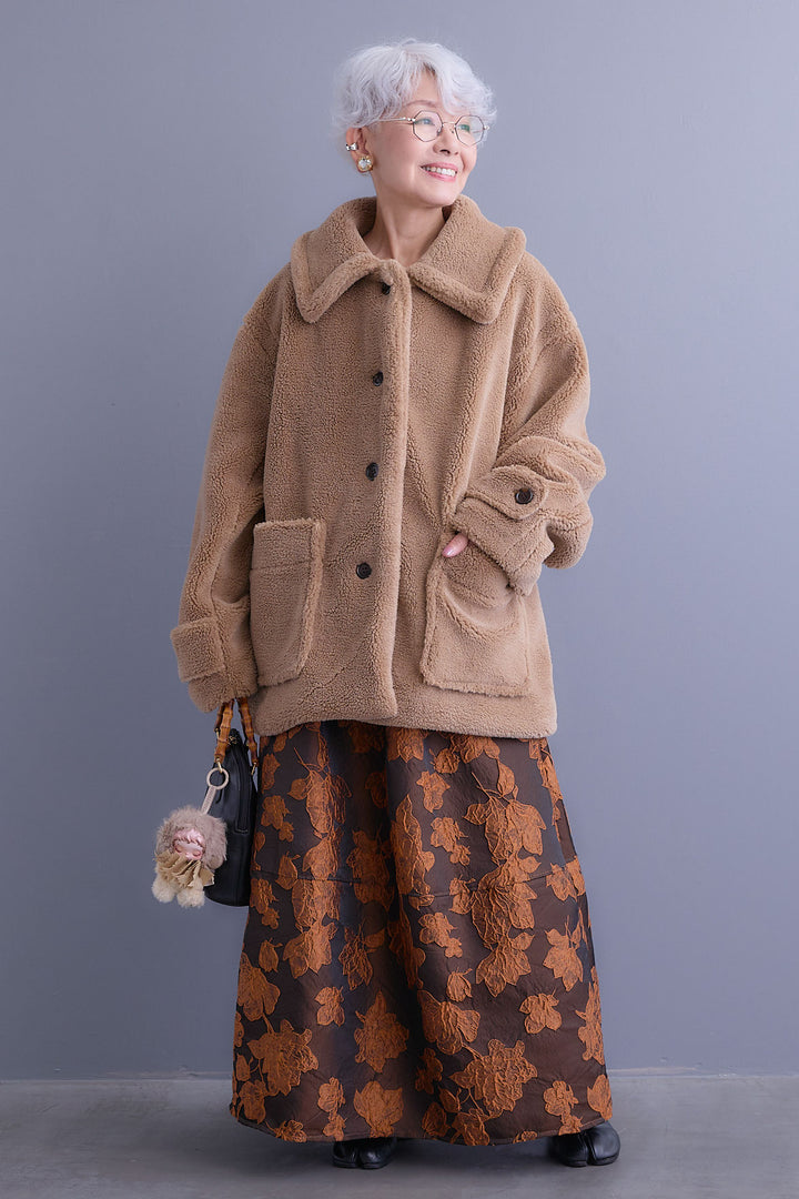 【SET】テディボアフラットカラーコート+ジャガードフラワースカート(2set)