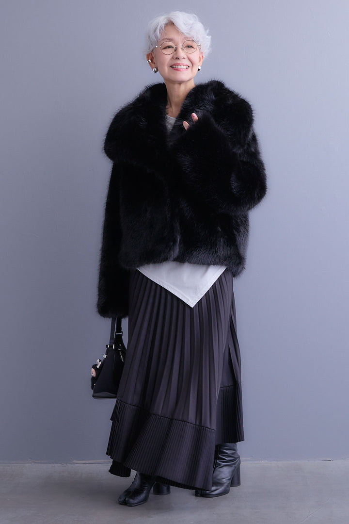 【SET】アシンメトリーロンT+オーバーカラーファーコート+アシンメトリープリーツスカート(3set)