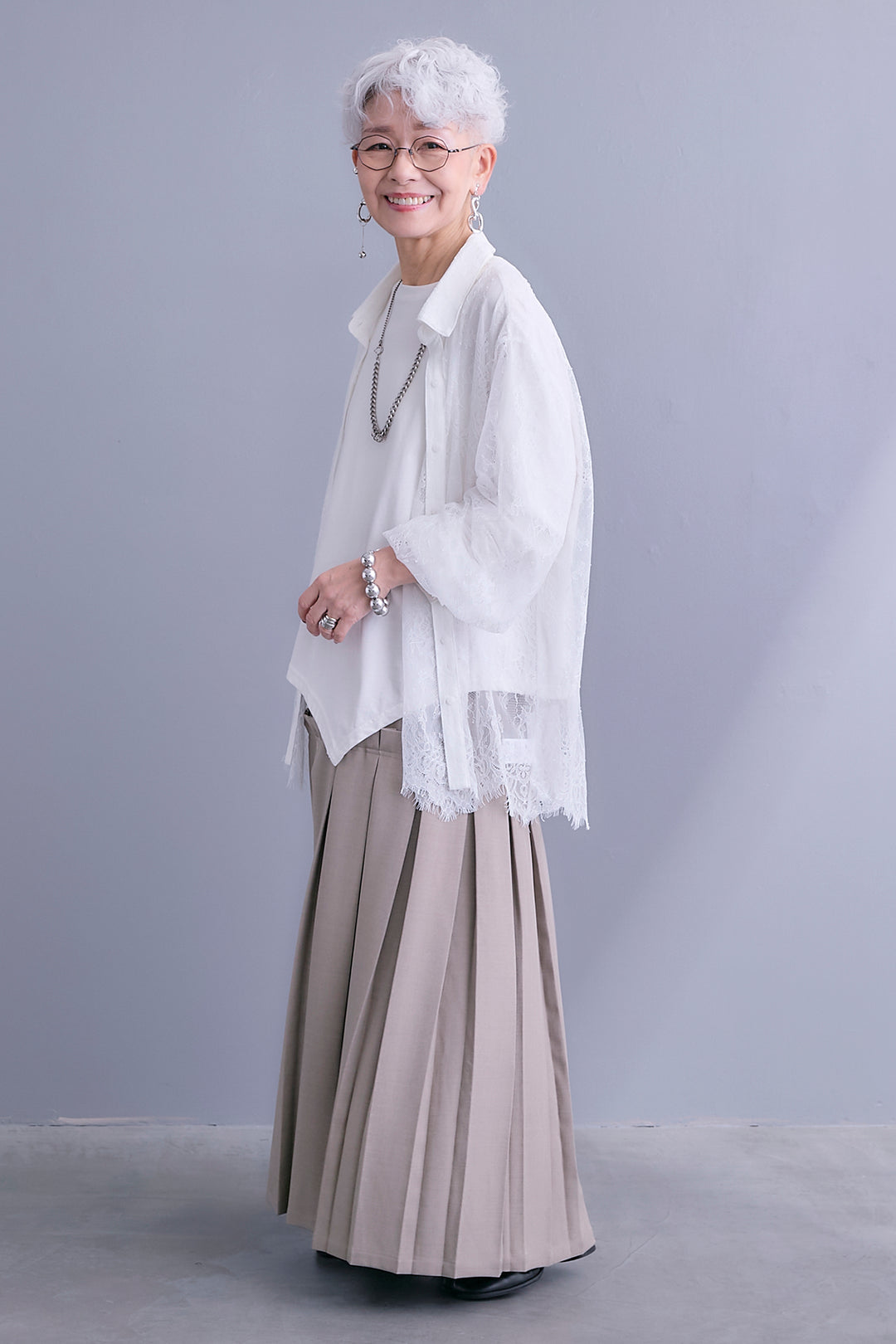 【SET】アイラッシュレースボリュームスリーブシャツ+アシンメトリーロンT+ボックスプリーツロングスカート(3set)