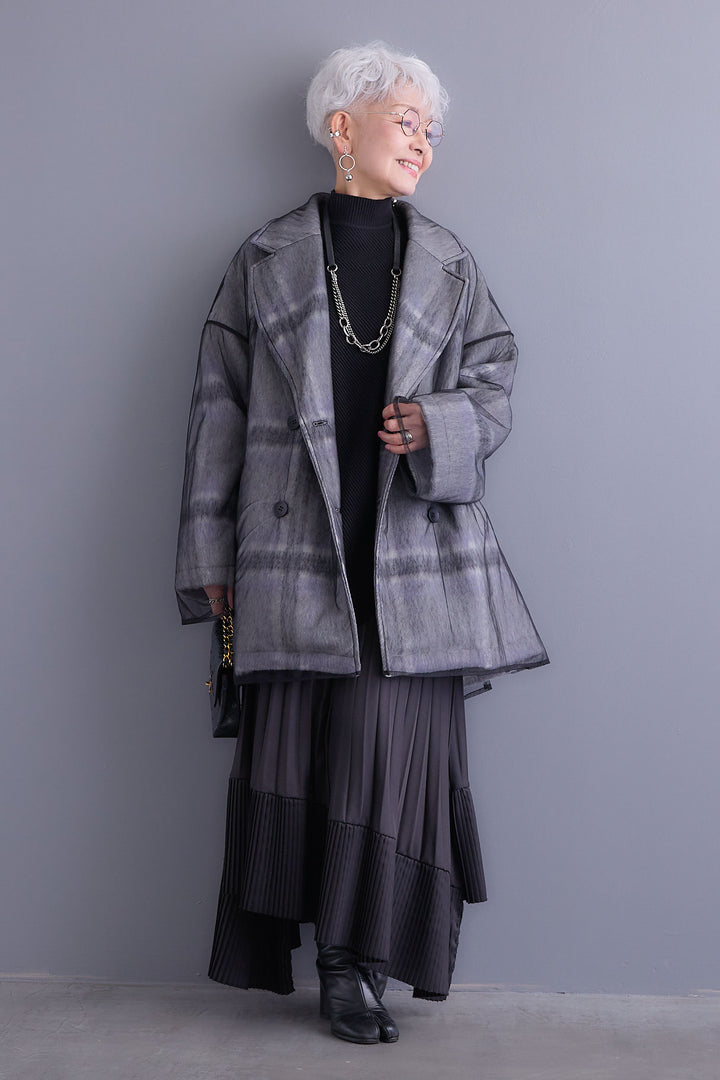 【SET】アシンメトリーオーバーニット+チュールレイヤードシャギーチェックコート+アシンメトリープリーツスカート(3set)