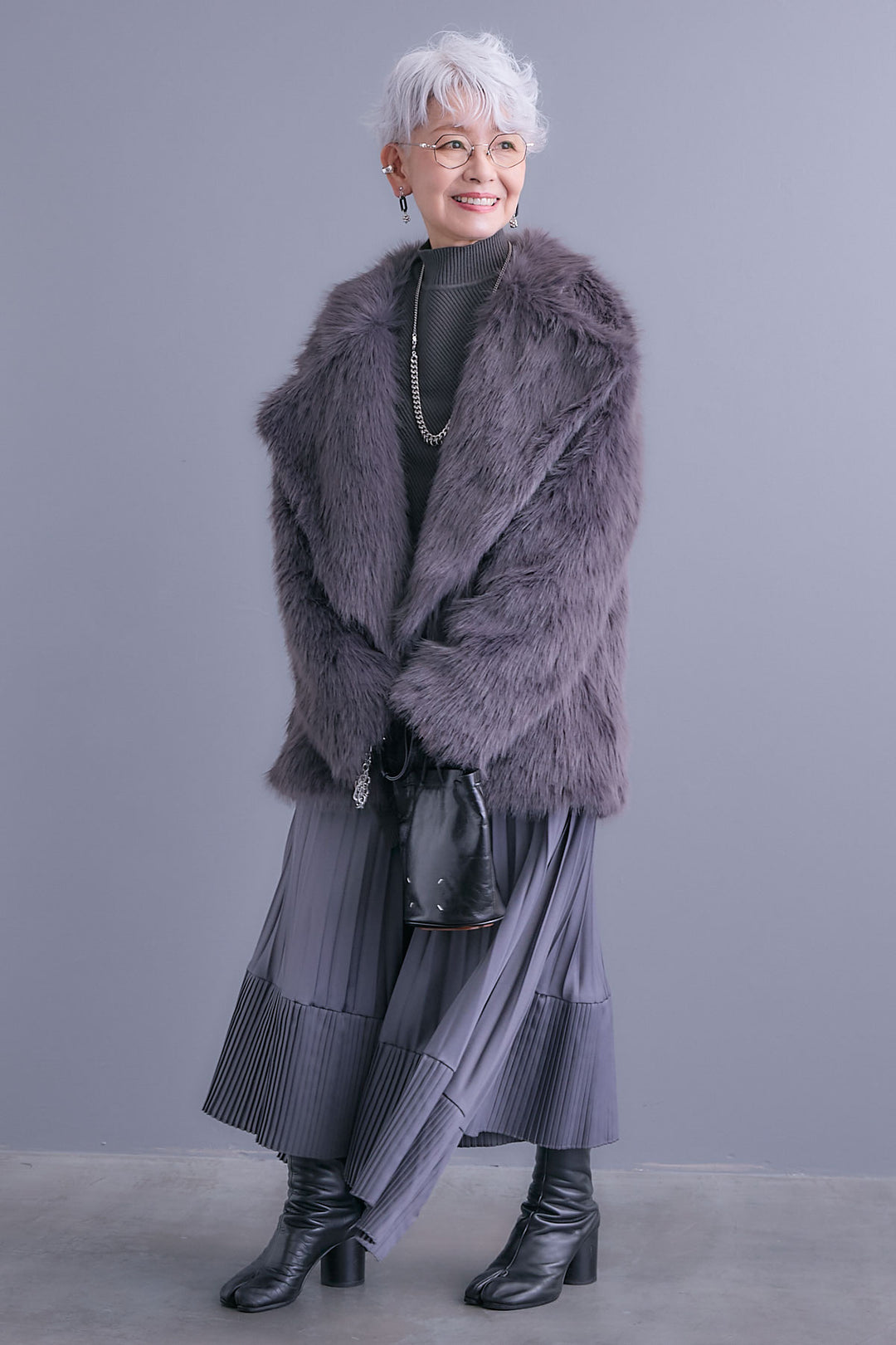 【SET】アシンメトリーオーバーニット+テーラードカラーファーコート+アシンメトリープリーツスカート(3set)