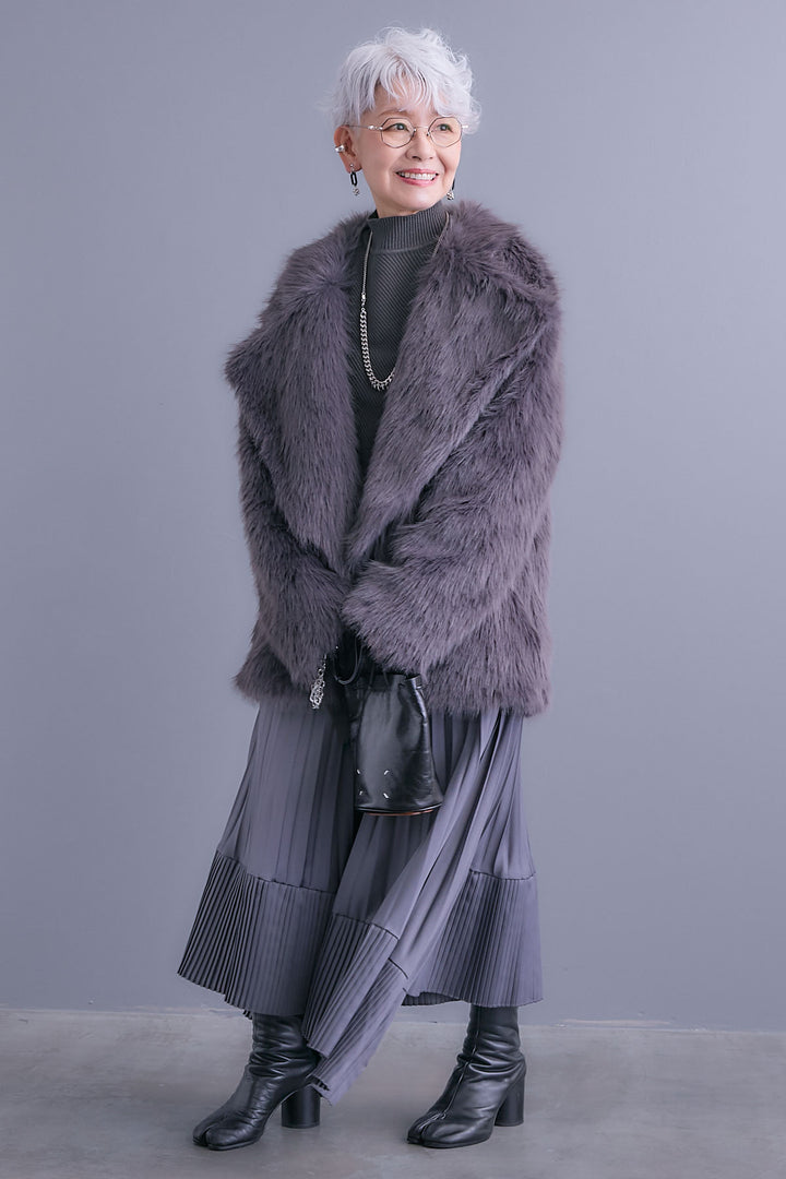 【SET】アシンメトリーオーバーニット+テーラードカラーファーコート+アシンメトリープリーツスカート(3set)