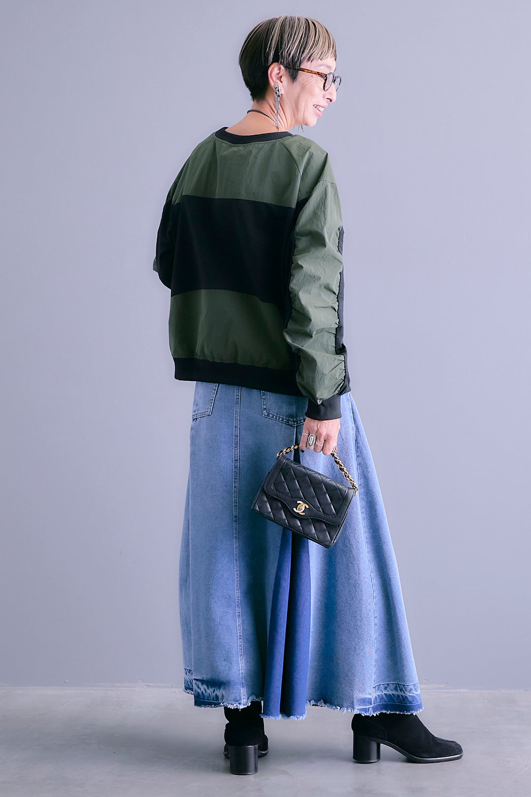 【SET】フロントZIPシャーリングスリーブトップス+プリーツタックデニムスカート(2set)