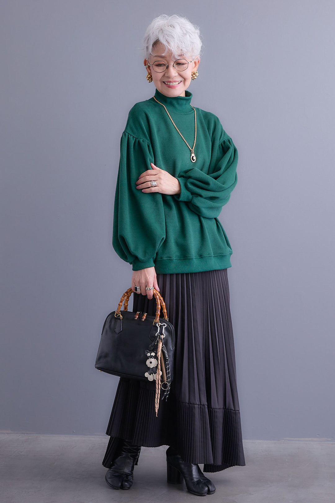 【SET】ボリュームスリーブモックネックプルオーバー+アシンメトリープリーツスカート(2set)