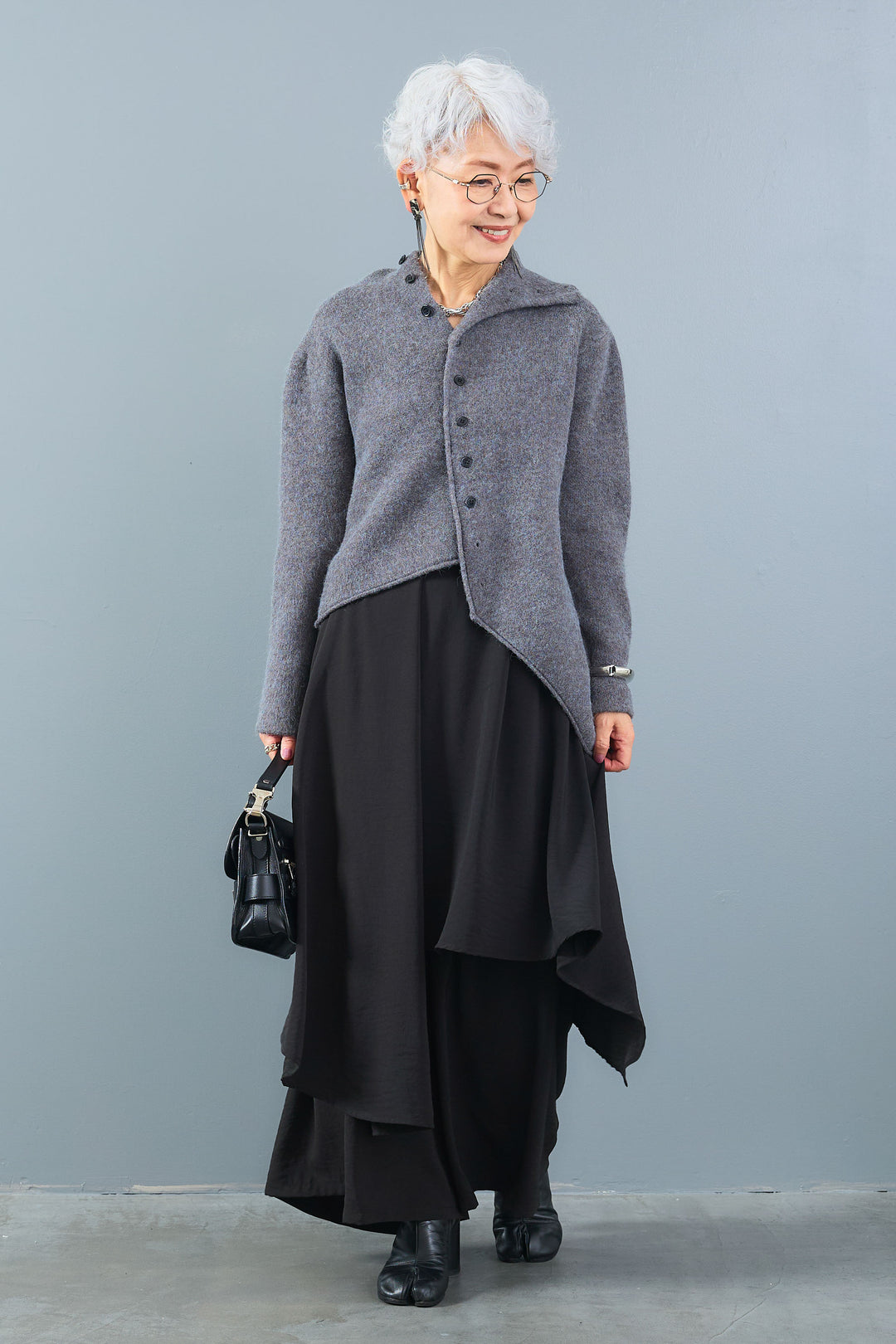 【SET】アシメハイネックボタンニット+アシメレイヤードワイドパンツ(2set)