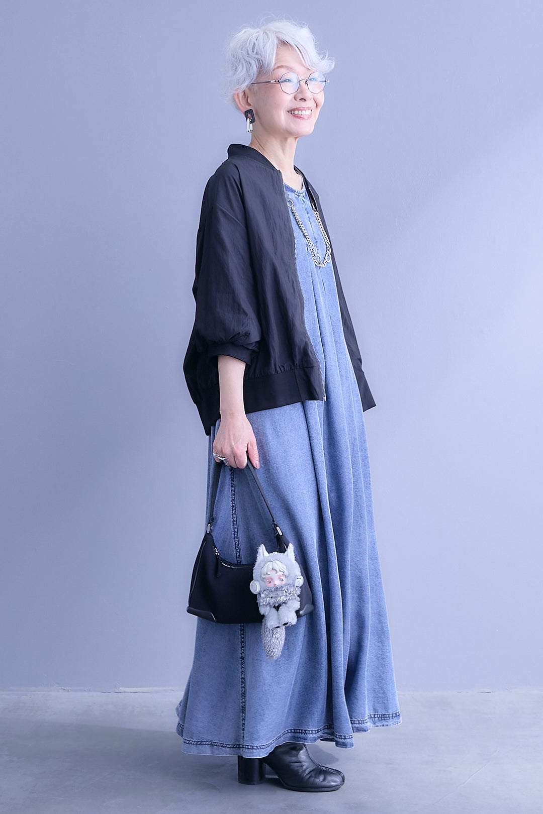 【SET】バルーンハーフスリーブMA-1ジャケット+パウダーシルクヴィンテージデニムワンピース(2set)