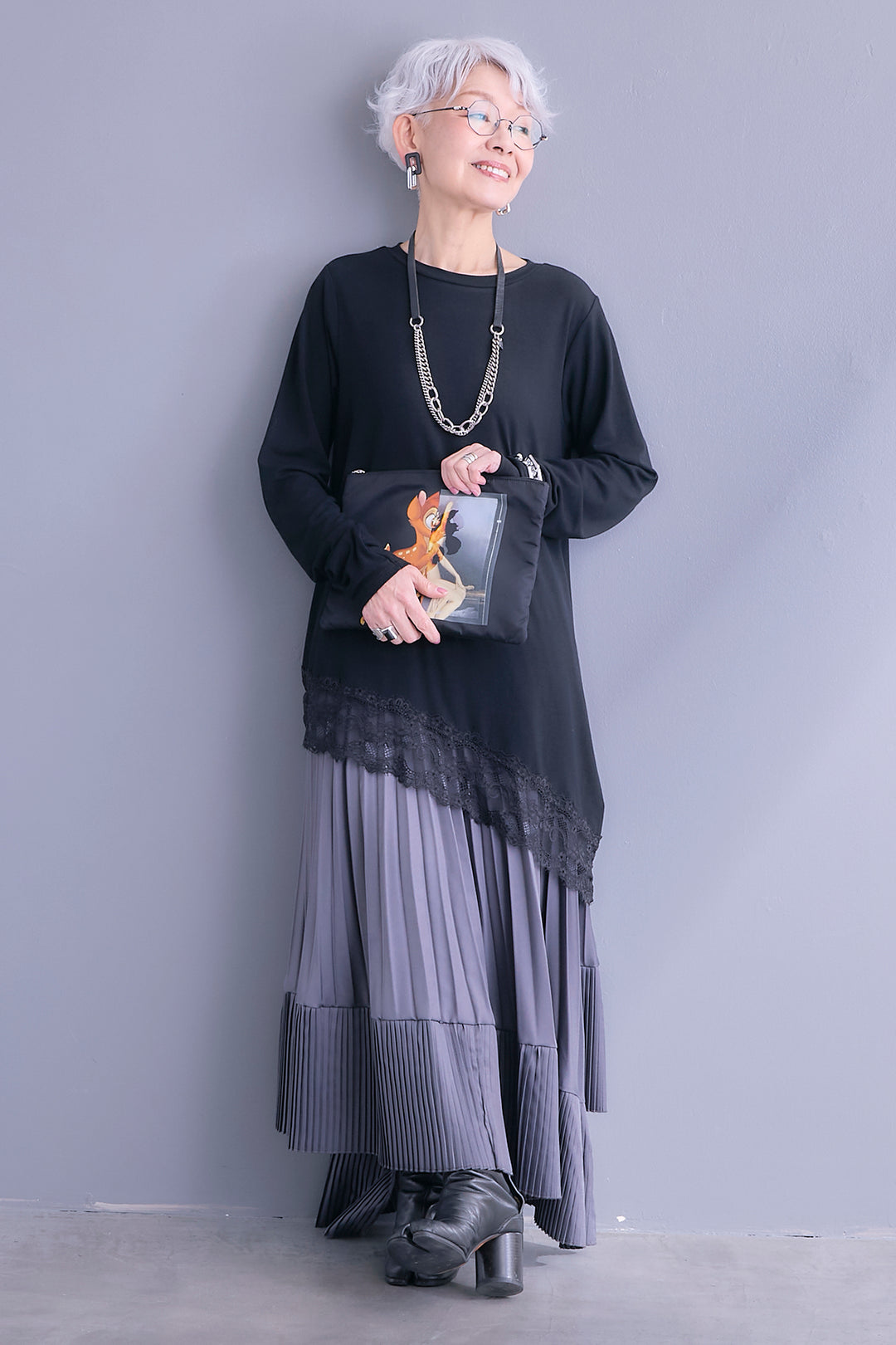 【SET】ヘムレースアシメロンT+アシンメトリープリーツスカート(2set)
