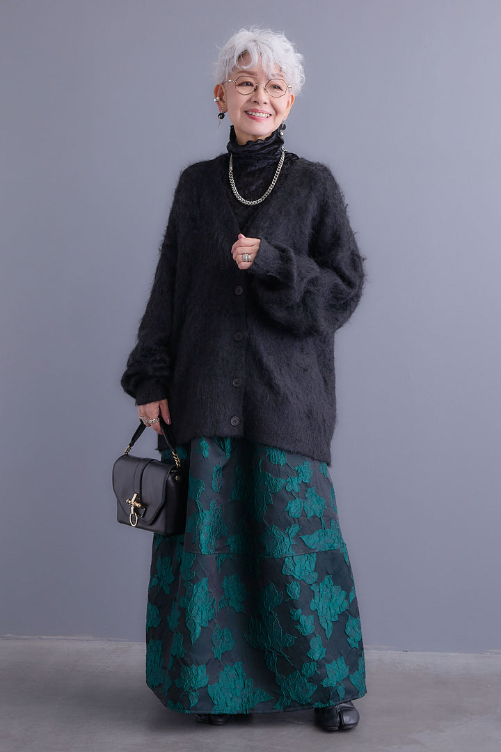 【SET】クラッシュベロアハイネックシアートップス+シャギーVネックニットカーディガン+ジャガードフラワースカート(3set)