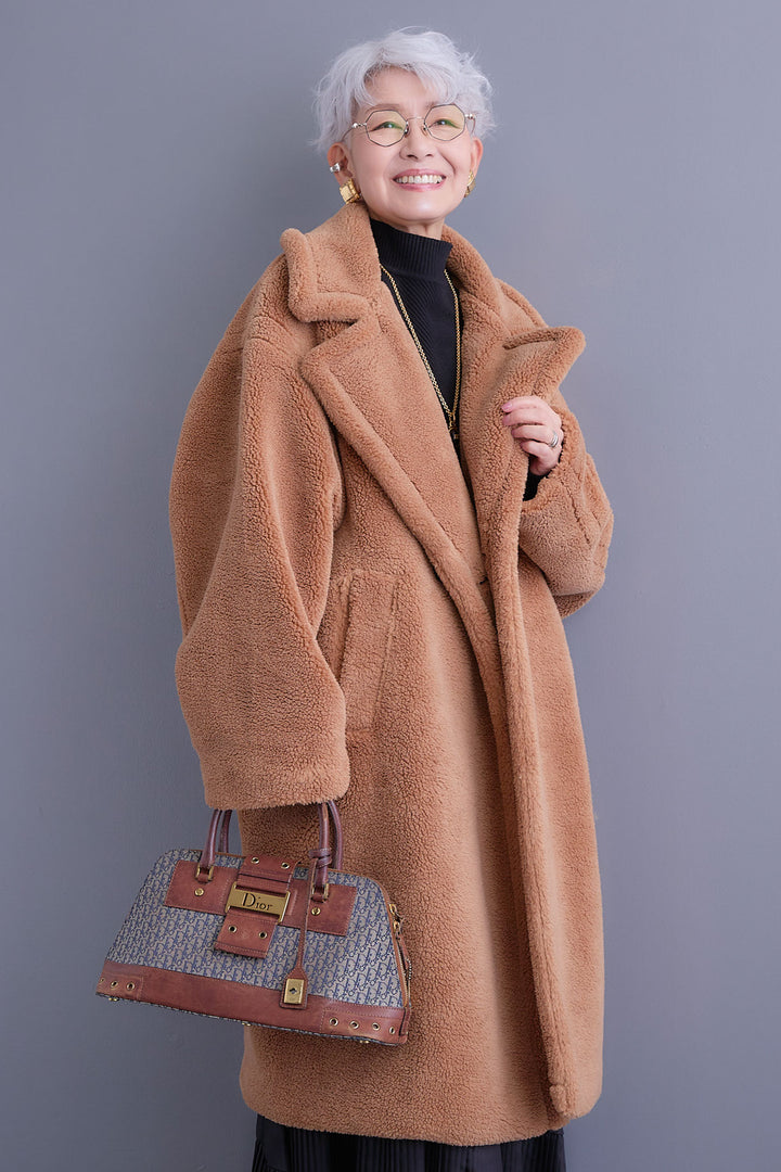 【SET】アシンメトリーオーバーニット+テディボアロングコート+アシンメトリープリーツスカート(3set)