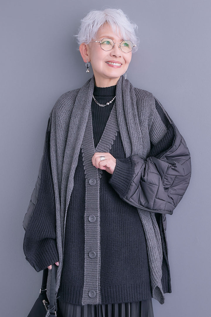 【予約】バックキルティングローゲージニットカーディガン【ストール付き】
