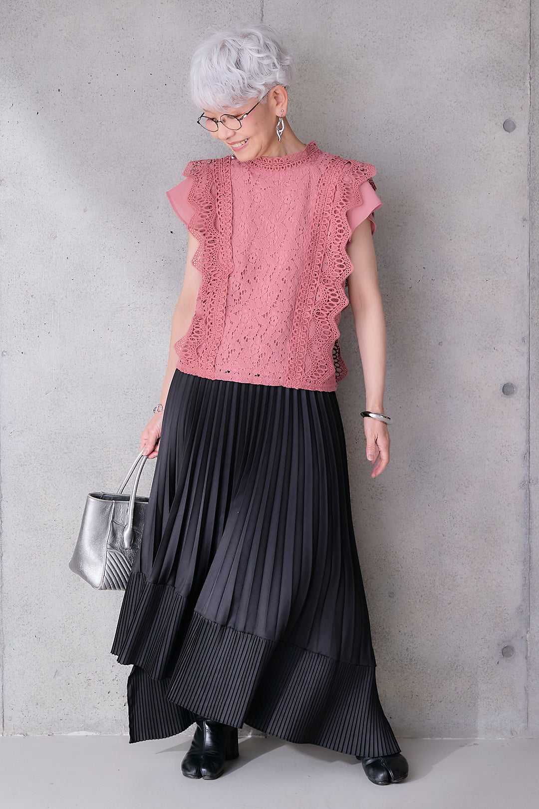 【SET】接触冷感スタンドカラーフレンチスリーブレースブラウス+アシンメトリープリーツスカート(2set)