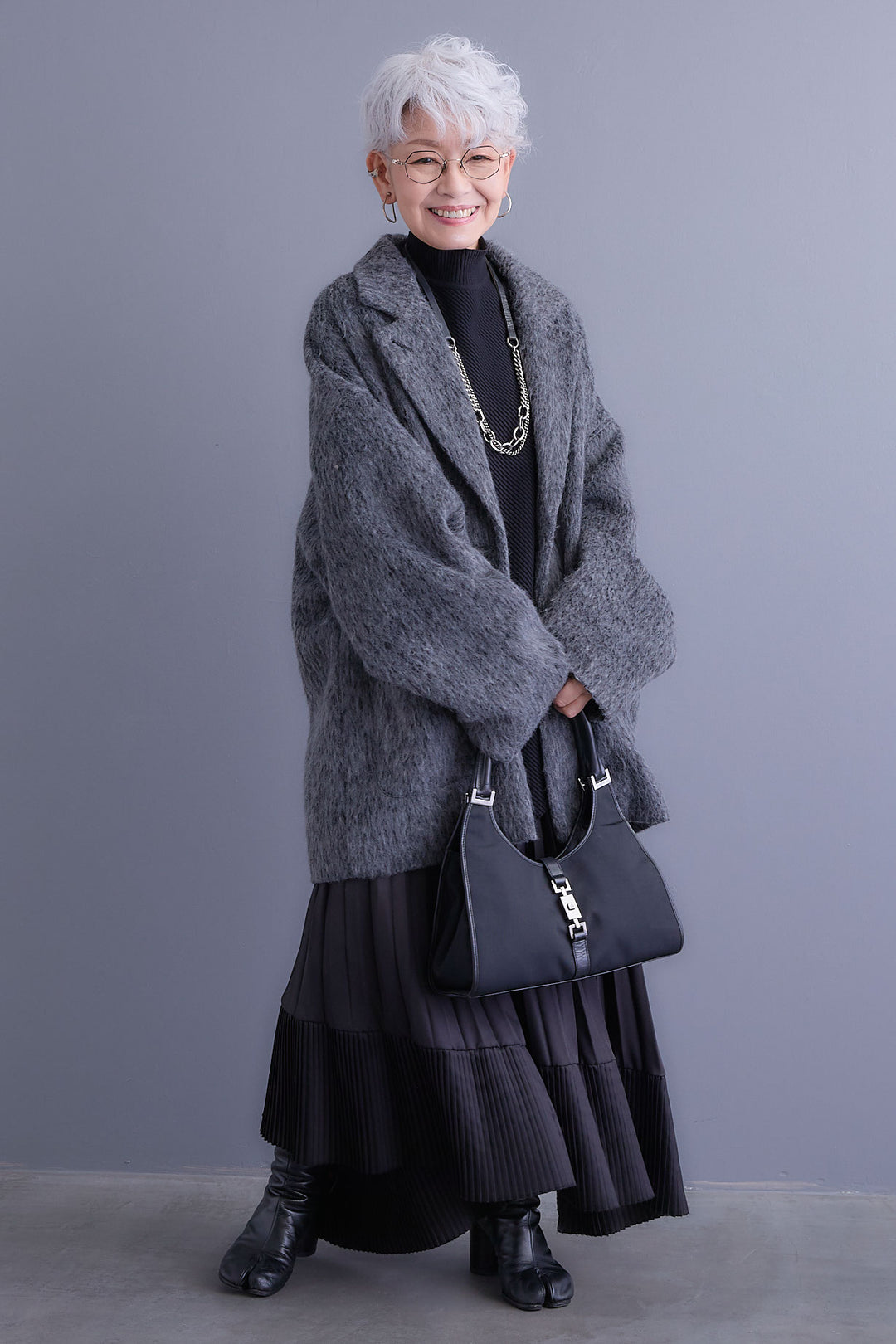 【SET】アシンメトリーオーバーニット+シャギーテーラードコート+アシンメトリープリーツスカート(3set)