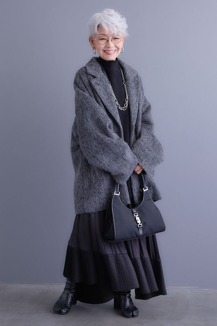 【SET】アシンメトリーオーバーニット+シャギーテーラードコート+アシンメトリープリーツスカート(3set)