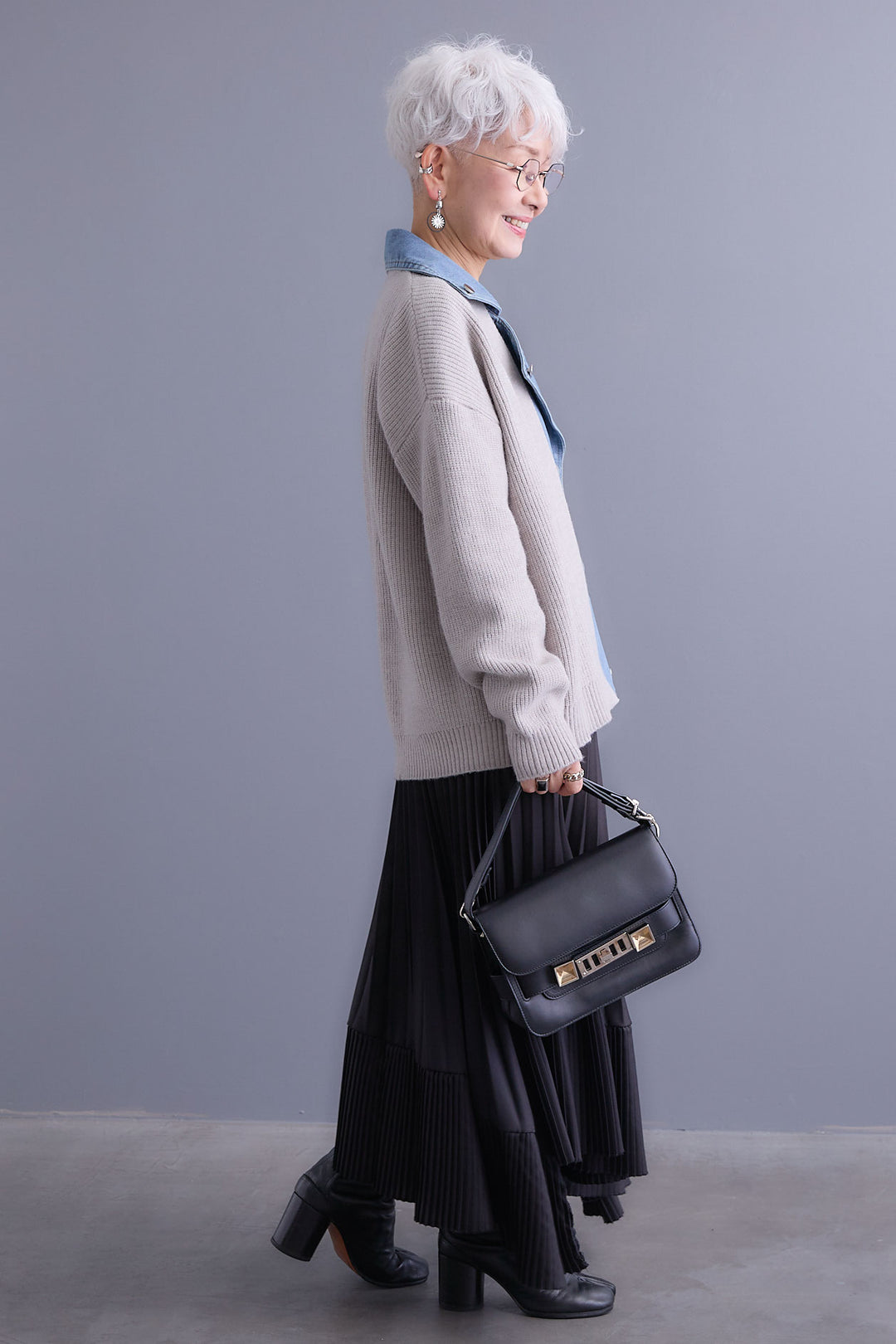 【SET】デニムライダースニットカーディガン+アシンメトリープリーツスカート(2set)