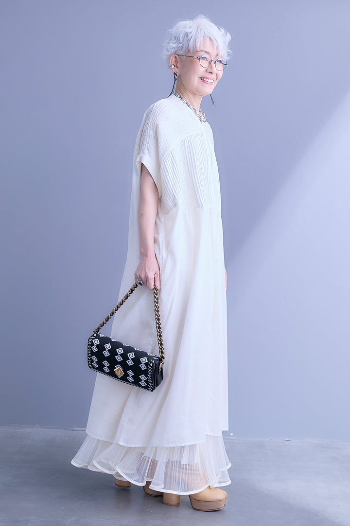 【SET】モスコットンピンタック×ハシゴレースワンピース+2WAYラメサテンプリーツ×シアーティアードチュールスカート(2set)