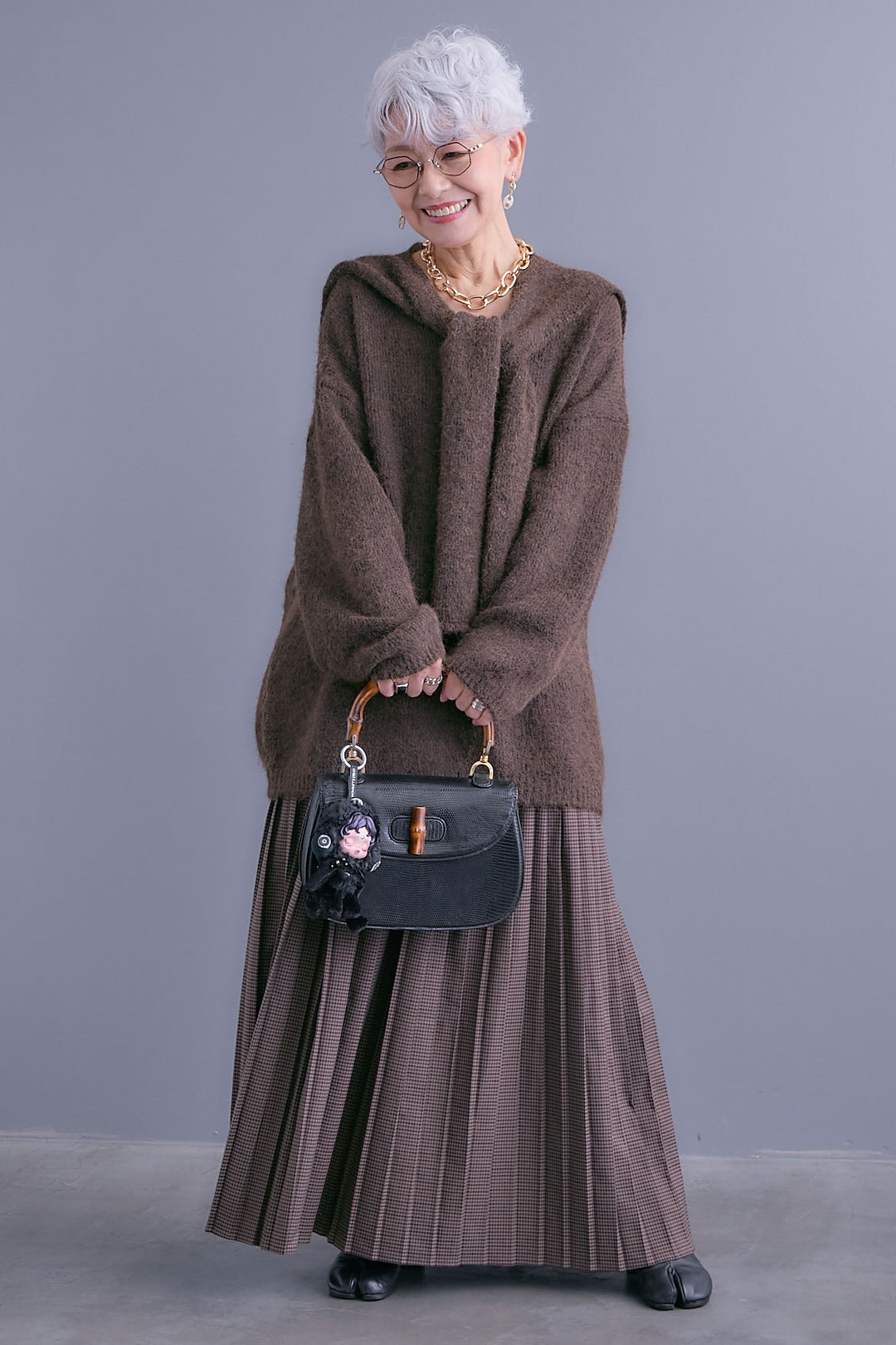 【SET】カーデケープVネックニット+グレンチェックプリーツスカート(2set)