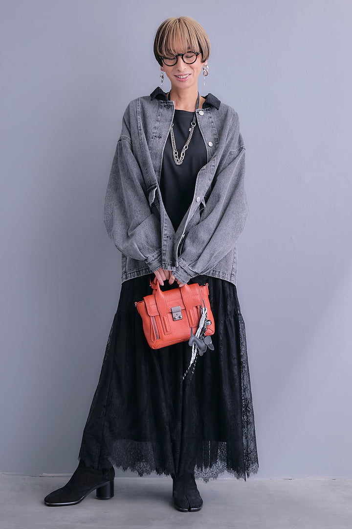 【SET】コーデュロイカラー10ozデニムジャケット+アシンメトリーロンT+アイラッシュレースロングスカート(3set)