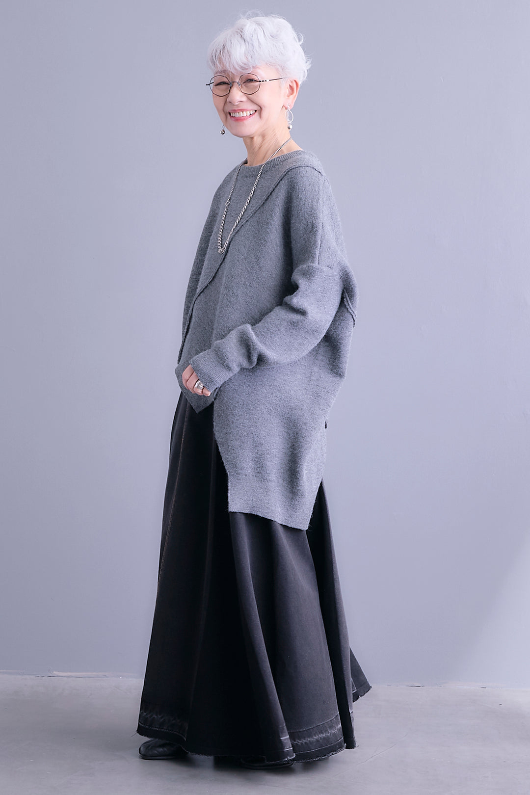 【SET】アシンメトリーデザインニットトップス+プリーツタックデニムスカート(2set)