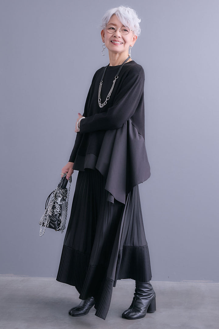 【SET】アシンメトリードレープレイヤードニット+アシンメトリープリーツスカート(2set)