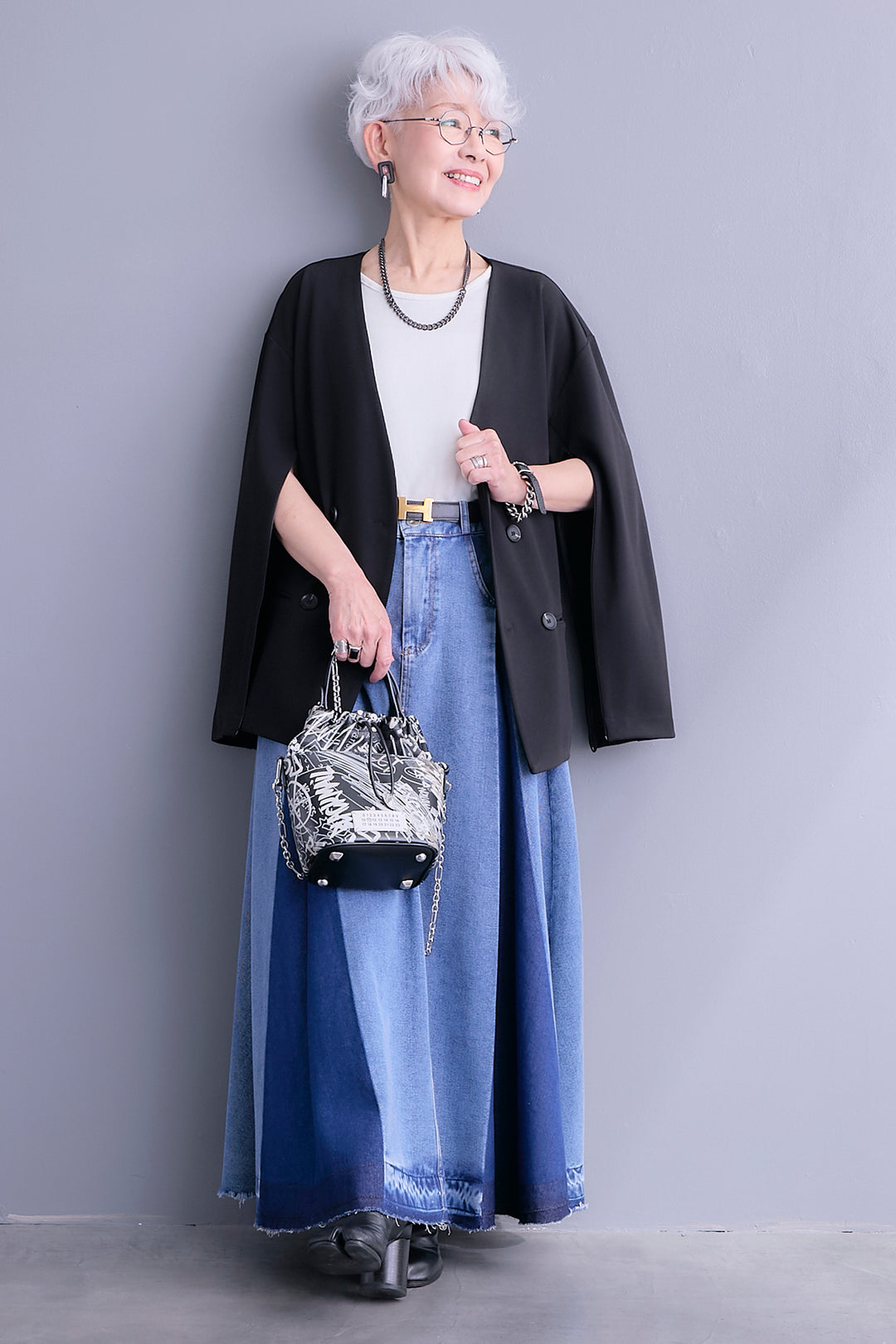 【SET】ZIPスリーブケープライク2WAYジャケット+プリーツタックデニムスカート(2set)