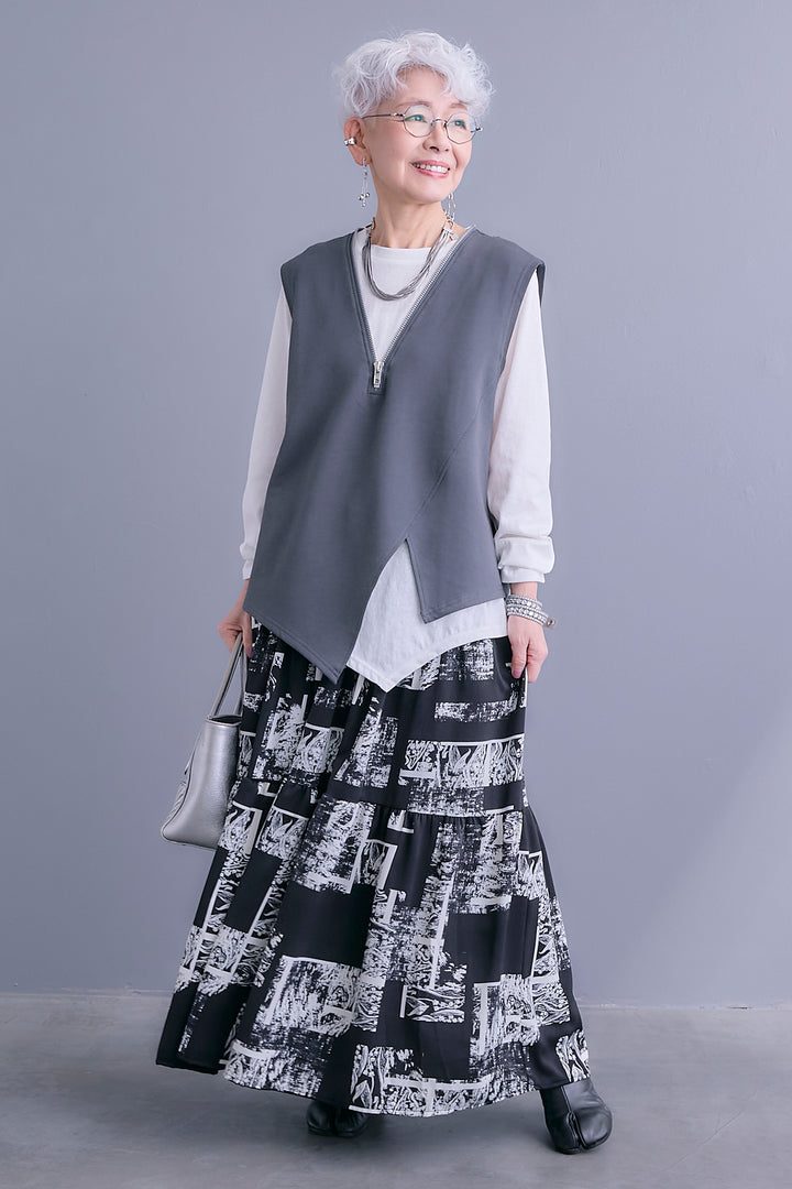 【SET】ZIPオープンVネックベスト+アシメロンT+スズランモノトーンフレアスカート(2set)